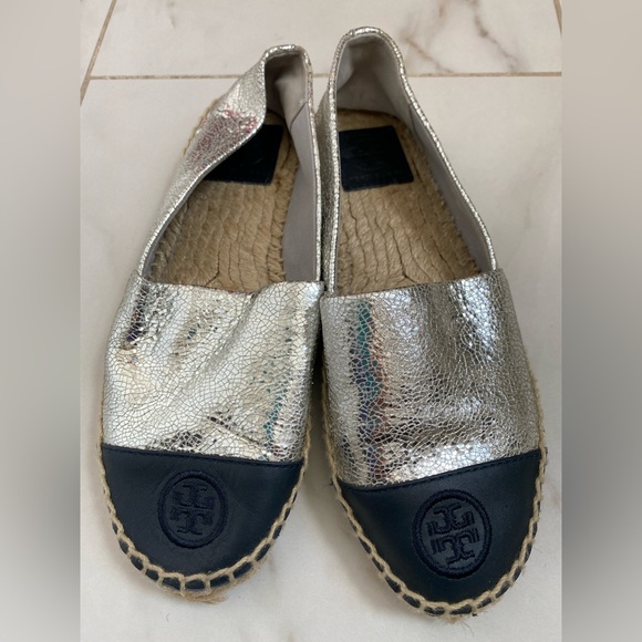 Tory Burch Metallic Silver and Black Espadrilles - Picture 2 of 6